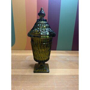 Vintage Indiana Glass Diamond Point Footed Candy Dish green catch all - chipped